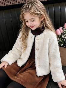 SHEIN Elladie kids Young Girl Elegant Faux Fur Pearl Button Decor Coat Fall Winter - White - View 2