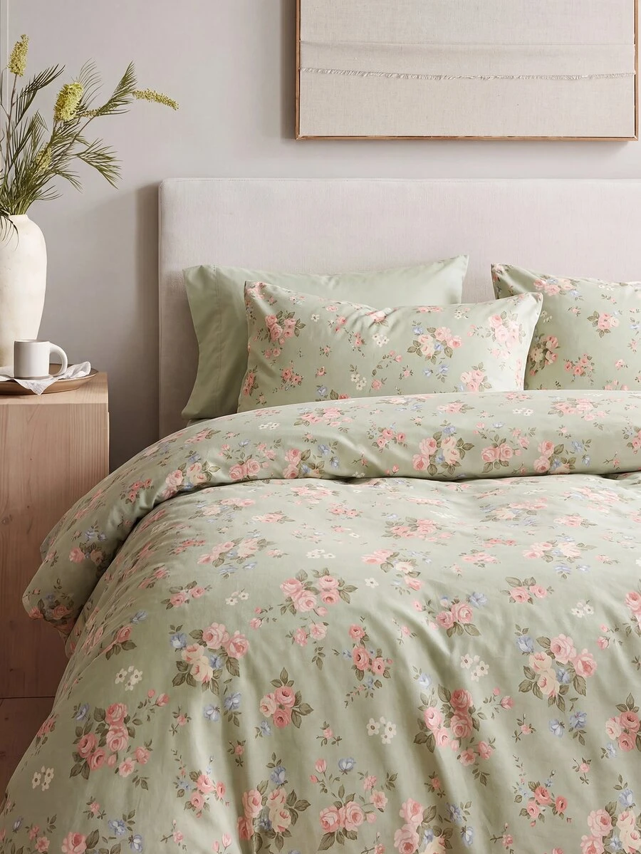 2/3pcs Cotton Floral Bedding Set, Soft & Breathable, Green, Duvet Cover & Pillow Case, Suitable For Double/Queen/King Size Bed, All Season, Home Decor, Bedding Gift, Machine Washable - Multicolor - View 1