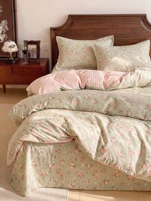 2/3pcs Cotton Floral Bedding Set, Soft & Breathable, Green, Duvet Cover & Pillow Case, Suitable For Double/Queen/King Size Bed, All Season, Home Decor, Bedding Gift, Machine Washable - Multicolor - View 2