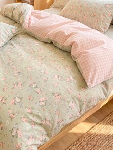 2/3pcs Cotton Floral Bedding Set, Soft & Breathable, Green, Duvet Cover & Pillow Case, Suitable For Double/Queen/King Size Bed, All Season, Home Decor, Bedding Gift, Machine Washable - Multicolor - View 5