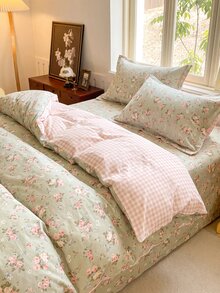 2/3pcs Cotton Floral Bedding Set, Soft & Breathable, Green, Duvet Cover & Pillow Case, Suitable For Double/Queen/King Size Bed, All Season, Home Decor, Bedding Gift, Machine Washable - Multicolor - View 4