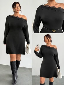 Firerie Plus Size Elegant Lace Trim Asymmetric Collar Knit Dress, Autumn/Winter - Black - View 6