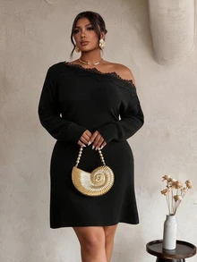 Firerie Plus Size Elegant Lace Trim Asymmetric Collar Knit Dress, Autumn/Winter - Black - View 3