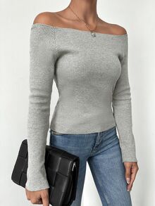 EURMUSE Off Shoulder Ribbed Knit Tee - Grey - View 4