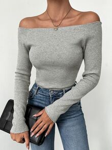EURMUSE Off Shoulder Ribbed Knit Tee - Grey - View 1