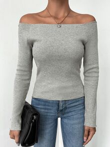 EURMUSE Off Shoulder Ribbed Knit Tee - Grey - View 5