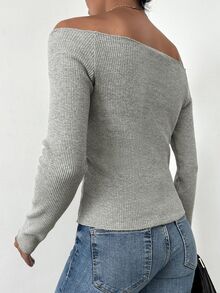 EURMUSE Off Shoulder Ribbed Knit Tee - Grey - View 2