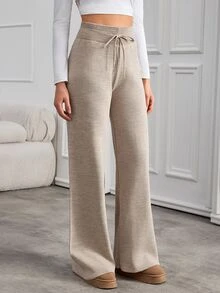 SHEIN Cottnline بنطلون نسائي كاجوال بخصر عالي وجرس واسع مع تفاصيل سحاب - كاكي - مشاهدة 7