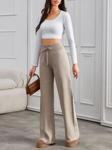 SHEIN Cottnline بنطلون نسائي كاجوال بخصر عالي وجرس واسع مع تفاصيل سحاب - كاكي - مشاهدة 5