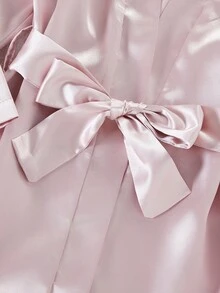 女童優雅香檳色緞面公主印花露背長袖長款繫帶前襟睡衣家居服 - 香檳色 - 查看 4