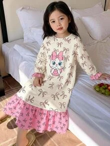 SHEIN 女童秋冬甜美豹紋蝴蝶結卡通貓拼接荷葉邊長袖圓領套頭長洋裝居家睡裙 粉色拼色 - 粉色 - 查看 6