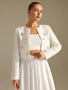 SHEIN Cottnline سترة نسائية أنيقة بيضاء مطوية على الكتف مرصعة بالراينستون: قصة ضيقة وشكل هيكلي - أبيض - مشاهدة 6