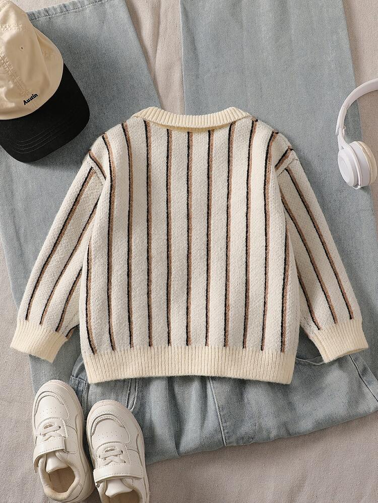 SHEIN Boys' Sweater Autumn/Winter Striped Turn Collar Half-Open Front Knit Long Sleeve Shirt Fashion Versatile Casual Vacation Style Soft Texture Comfortable Suitable For School, Party, Daily Wear, Leisure - White - View 2
