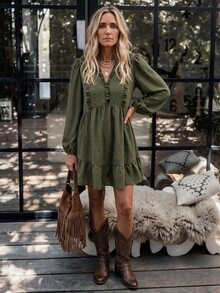 LanaWest Women's Western Casual 3D Jacquard V-Neck Ruffle Petal Sleeve Loose A-Line Hem Ruffle Doll Dress - Army Green - View 5