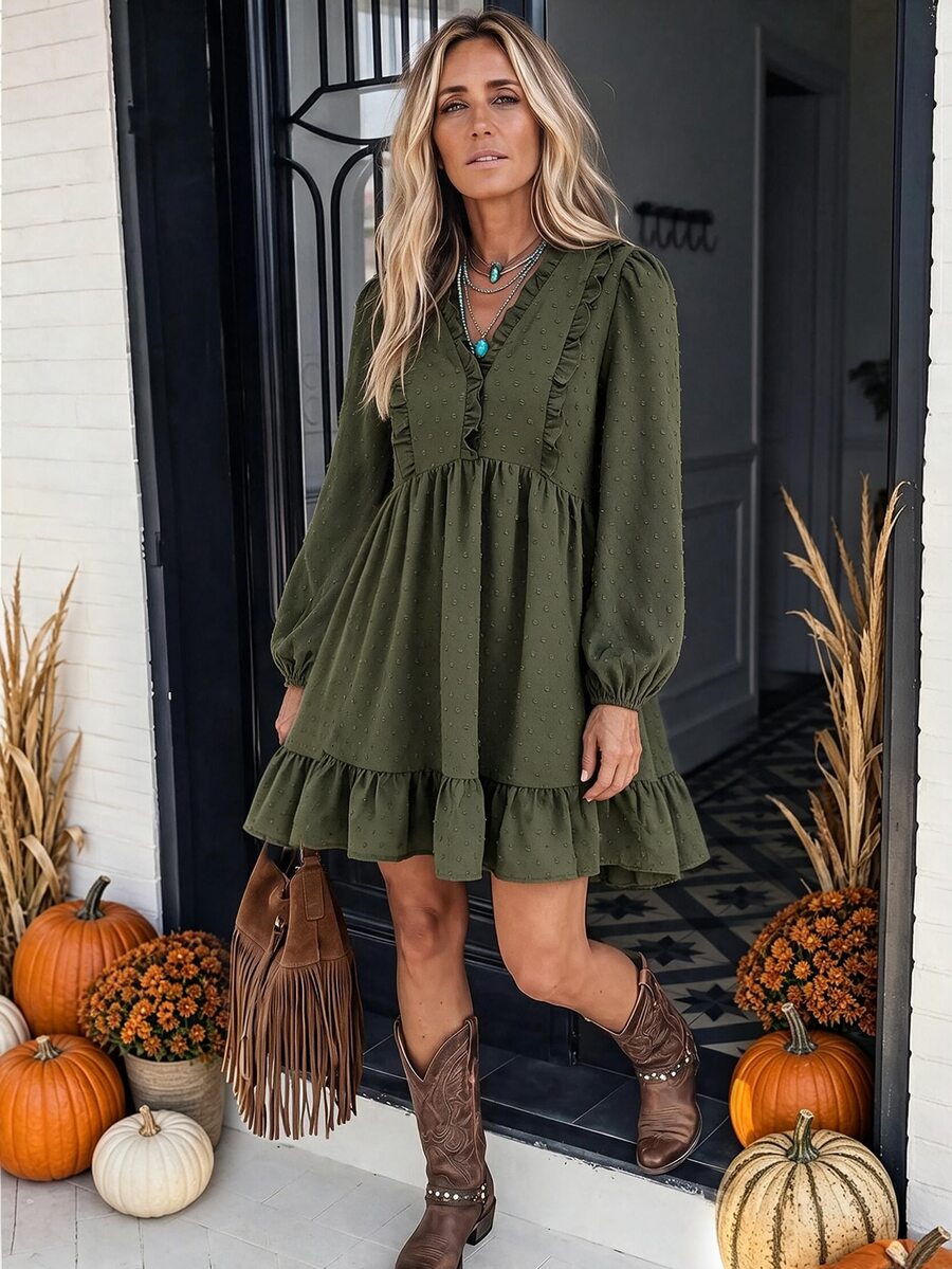 LanaWest Women's Western Casual 3D Jacquard V-Neck Ruffle Petal Sleeve Loose A-Line Hem Ruffle Doll Dress - Army Green - View 1