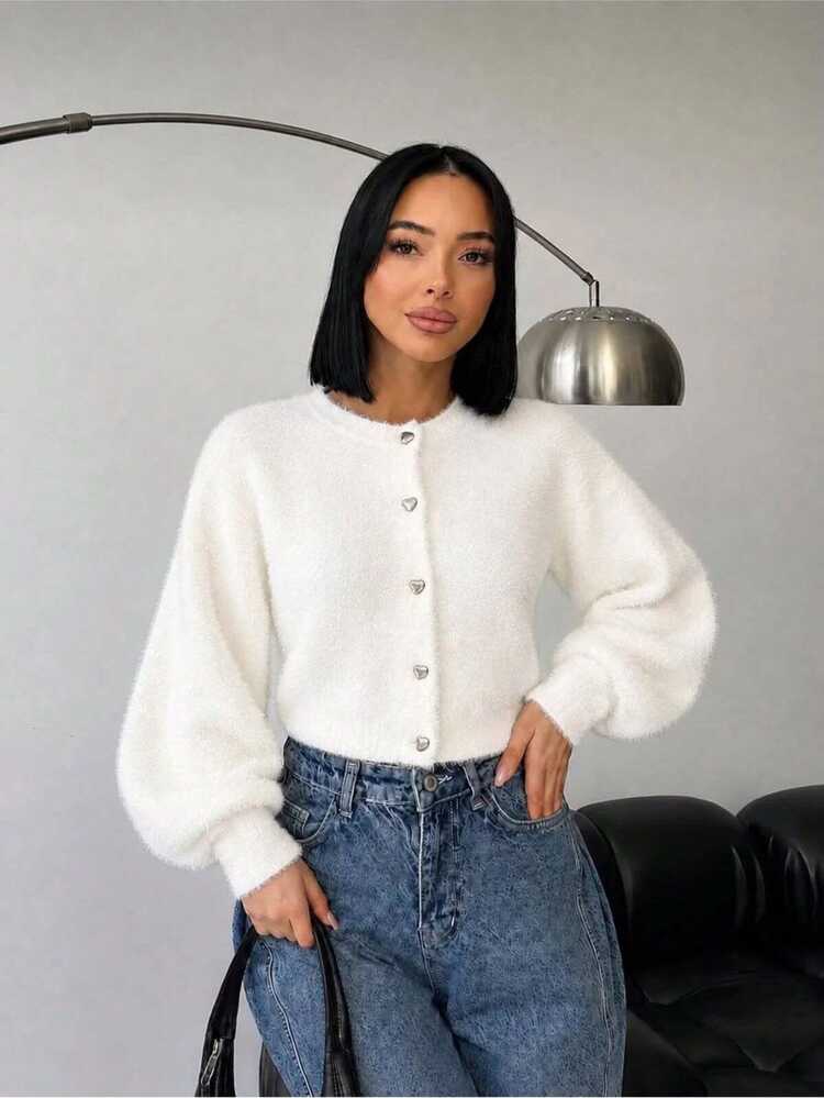 Women's Crop Balloon Sleeve Beard Cardigan - White - View 5