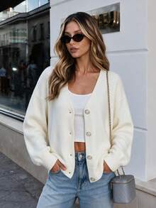 Autumn/Winter Casual Versatile Solid Color Cardigan - Beige - View 2