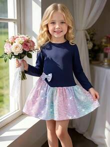 SHEIN Playful Pals 女童長袖秋季休閒仙女公主風 2-In-1 連身裙 蝴蝶結裝飾對比色荷葉邊下擺 適合日常校園時尚 7歲生日 海軍藍 - 藍色 - 查看 1