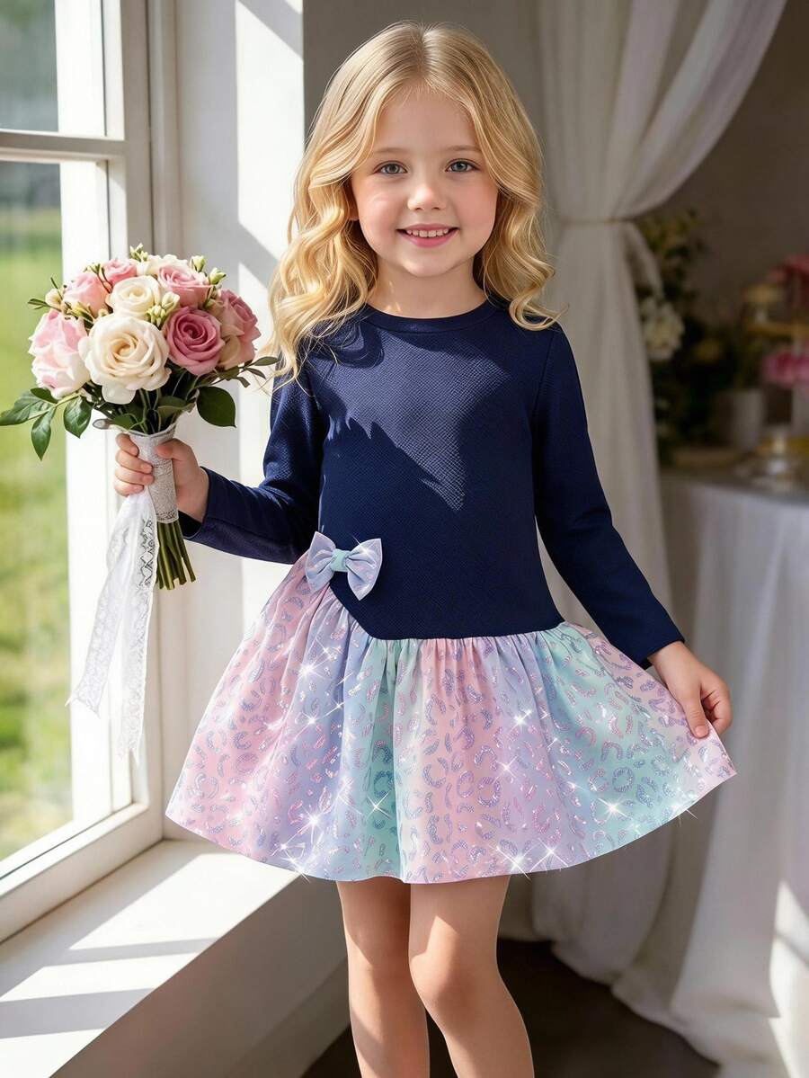SHEIN Playful Pals 女童長袖秋季休閒仙女公主風 2-In-1 連身裙 蝴蝶結裝飾對比色荷葉邊下擺 適合日常校園時尚 7歲生日 海軍藍 - 藍色 - 查看 1