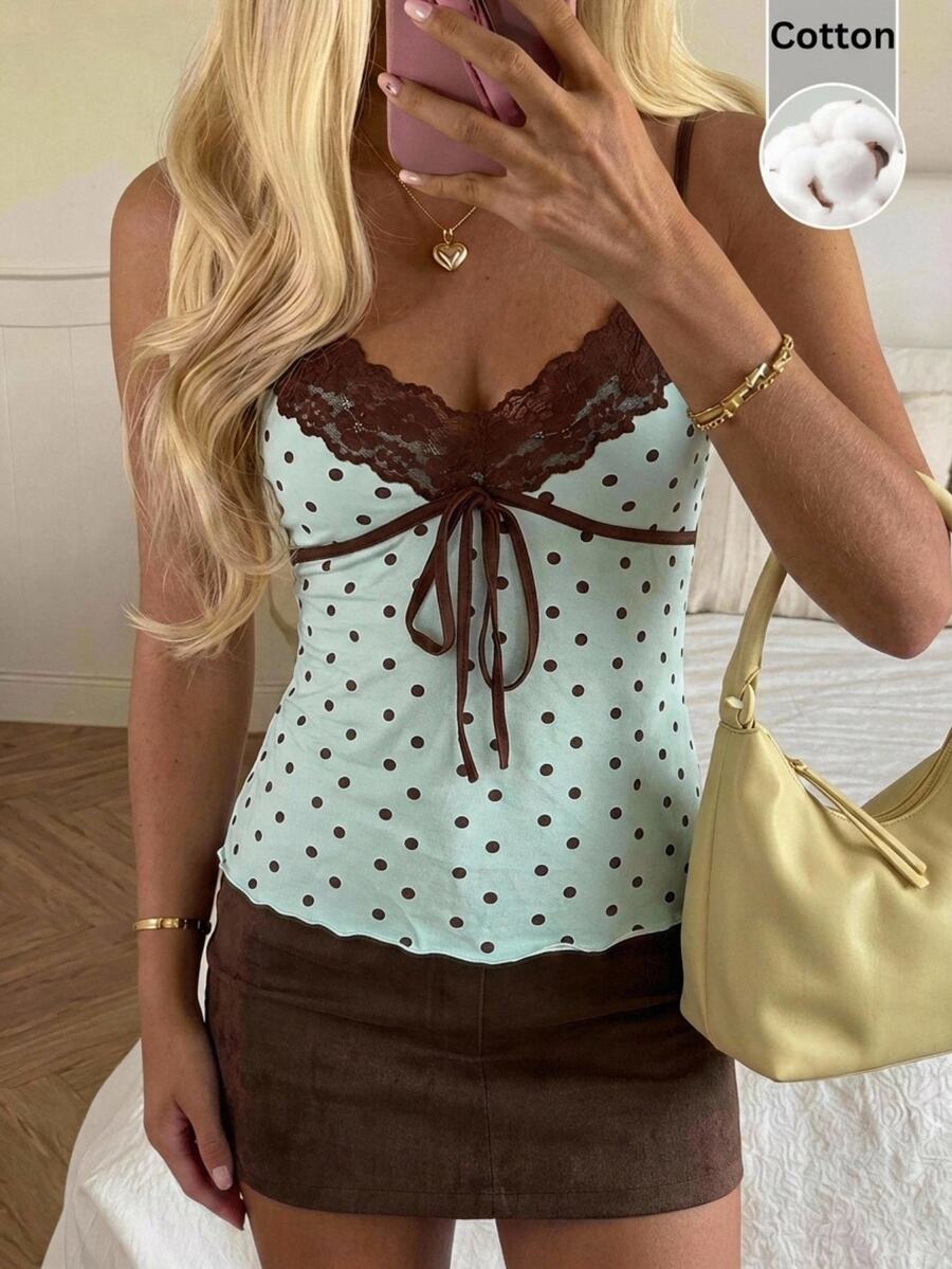 CovetEZ Women's Contrast Lace Polka Dot Print Camisole - Mint Green - View 1