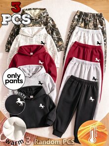 SHEIN 3 Potongan Acak Celana Olahraga, Set Hoodie & Celana Olahraga Anak Laki-laki Minimalis Klasik dengan Logo Grafis, Cocok untuk Aktivitas Luar Ruangan Musim Gugur/Musim Dingin - Hitam - View 1
