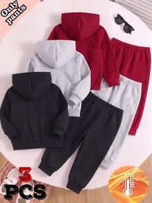 SHEIN 3 Potongan Acak Celana Olahraga, Set Hoodie & Celana Olahraga Anak Laki-laki Minimalis Klasik dengan Logo Grafis, Cocok untuk Aktivitas Luar Ruangan Musim Gugur/Musim Dingin - Hitam - View 2