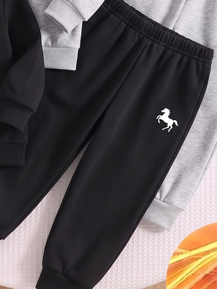 SHEIN 3件隨機款男童簡約經典Logo圖案印花連帽衛衣與運動長褲套裝，適合秋冬戶外活動 - 黑色 - 查看 5
