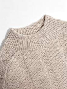 SHEIN Women's Autumn Winter Minimalist Elegant Beige Semi-High Neck Ribbed Knit Raglan Sleeve Sweater Wide Leg Pants 2 Pieces Set For Daily Commute, Casual - Apricot - View 5