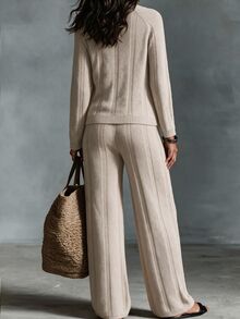 SHEIN Women's Autumn Winter Minimalist Elegant Beige Semi-High Neck Ribbed Knit Raglan Sleeve Sweater Wide Leg Pants 2 Pieces Set For Daily Commute, Casual - Apricot - View 2