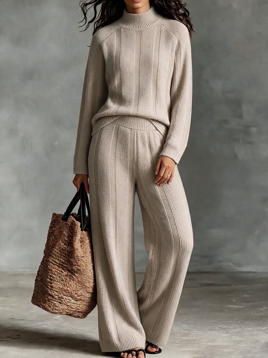 SHEIN Women's Autumn Winter Minimalist Elegant Beige Semi-High Neck Ribbed Knit Raglan Sleeve Sweater Wide Leg Pants 2 Pieces Set For Daily Commute, Casual - Apricot - View 1