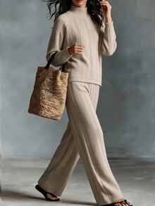SHEIN Women's Autumn Winter Minimalist Elegant Beige Semi-High Neck Ribbed Knit Raglan Sleeve Sweater Wide Leg Pants 2 Pieces Set For Daily Commute, Casual - Apricot - View 3
