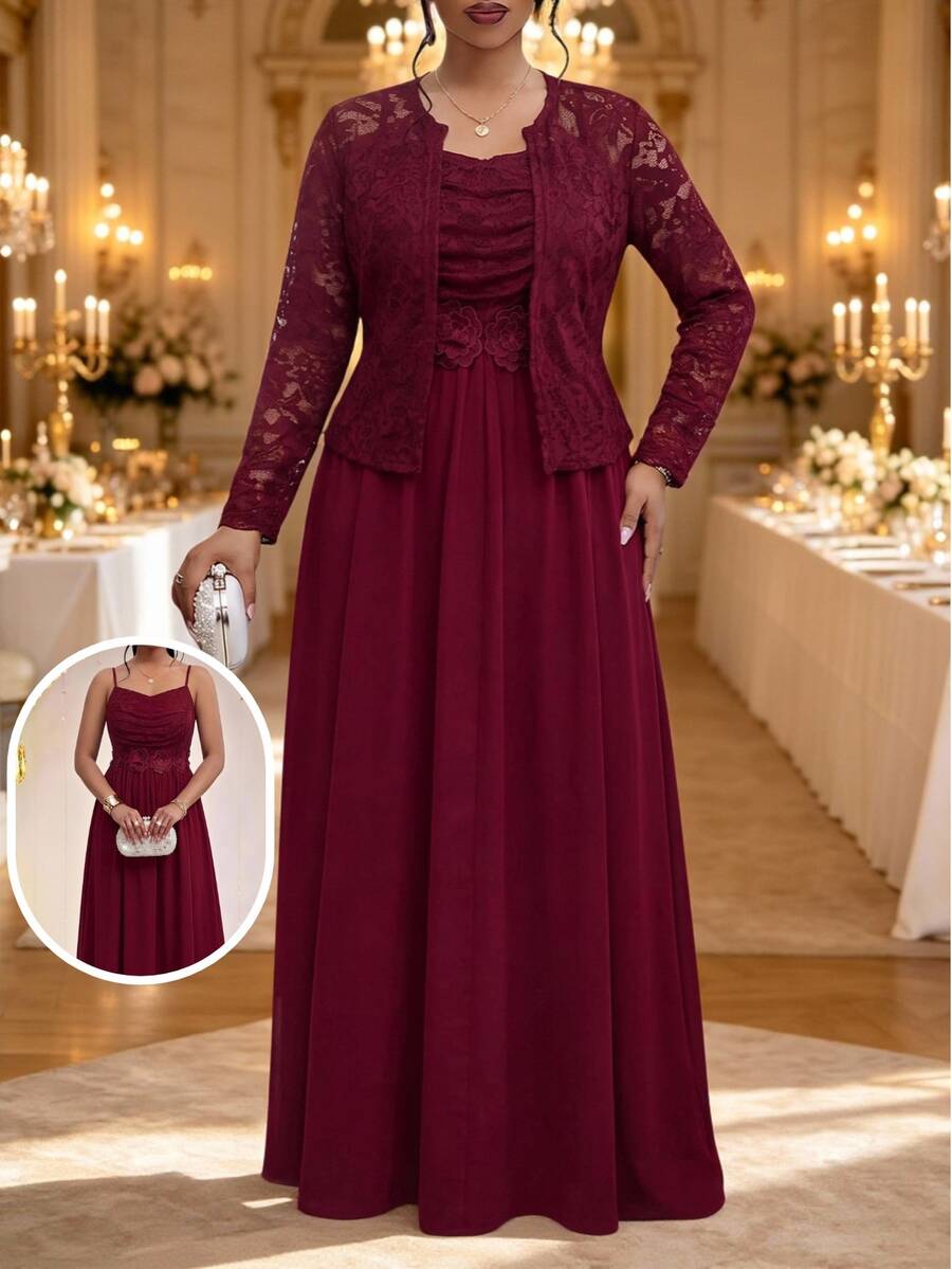 Fleurora Plus Size Women Pleated Cami Dress & Cardigan Casual 2pcs Set Christmas - Burgundy - View 1