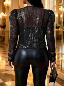 Fleurora Jaket Elegan Wanita Ukuran Plus, Warna Polos, Berpayet, Lengan Panjang Mengembang, Bagian Depan Terbuka - Hitam - View 2