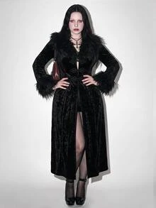 SHEIN ICON Plus Size Y2K Vintage V-Neck Fur Collar Patchwork Velvet Long Gothic Coat Jacket, Halloween Witch Fall - Black - View 1