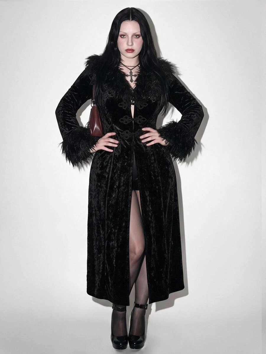 SHEIN ICON Plus Size Y2K Vintage V-Neck Fur Collar Patchwork Velvet Long Gothic Coat Jacket, Halloween Witch Fall - Black - View 1