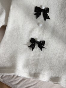 SHEIN Playful Pals 女童白色針織洋裝，蕾絲飾領、對比色蝴蝶結珍珠鈕扣泡泡長袖毛衣裙，甜美公主風直筒裙，超可愛，適合外出、聚會、返校穿著 - 白色 - 查看 7