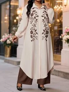 SHEIN Lady 大尺碼女款花卉印花單排扣長版上衣＋長褲休閒優雅日常兩件套 正式早午餐 米色巧克力棕 秋季 - 彩色 - 查看 4