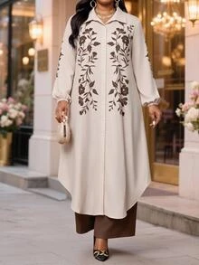 SHEIN Lady 大尺碼女款花卉印花單排扣長版上衣＋長褲休閒優雅日常兩件套 正式早午餐 米色巧克力棕 秋季 - 彩色 - 查看 3