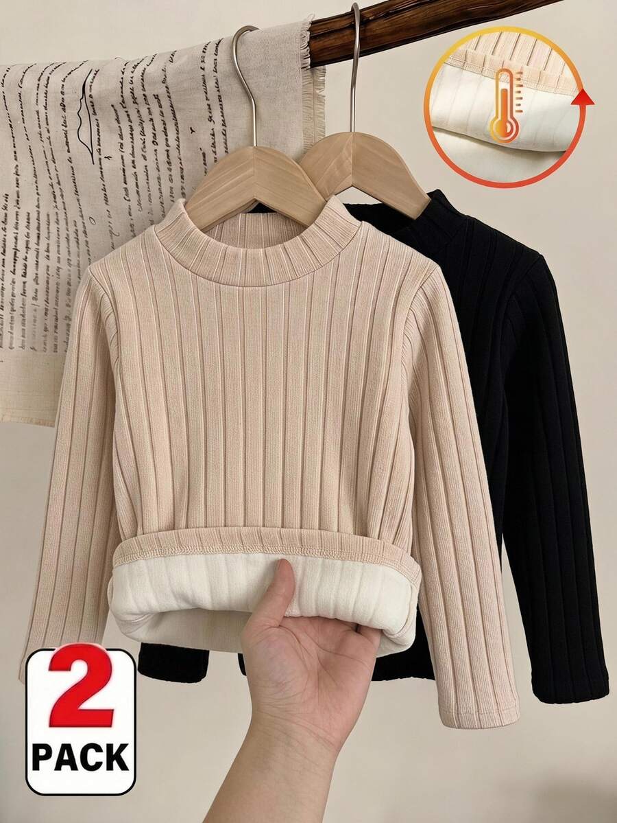 Elladie kids 2pcs Girls Mid-Neck Long Sleeve Fluffy Ribbed Fleece T-Shirt, Versatile For School And Daily Wear In Autumn/Winter - Multicolor - View 1