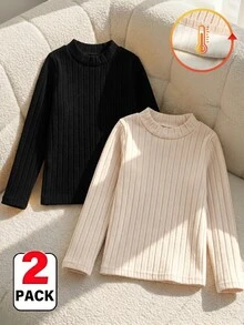 Elladie kids 2pcs Girls Mid-Neck Long Sleeve Fluffy Ribbed Fleece T-Shirt, Versatile For School And Daily Wear In Autumn/Winter - Multicolor - View 3