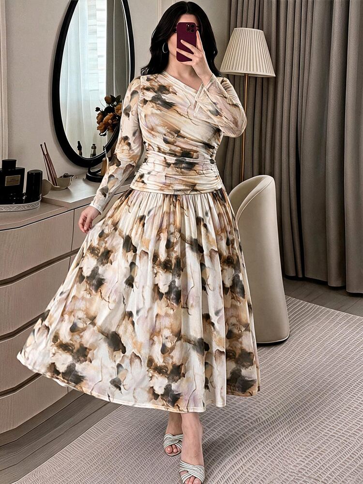 Modelyn Plus Size Women's Asymmetrical Neckline Long Sleeve Pleated Bow Design A-Line Waist Tie Slim Fit Vacation Casual Elegant Maxi Dress, Suitable For Office, Airport, Commute, Family Gathering, Banquet, Business Wear, Women's Clothing - Multicolor - View 1
