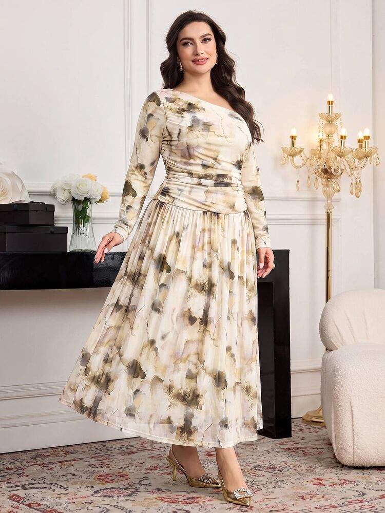 Modelyn Plus Size Women's Asymmetrical Neckline Long Sleeve Pleated Bow Design A-Line Waist Tie Slim Fit Vacation Casual Elegant Maxi Dress, Suitable For Office, Airport, Commute, Family Gathering, Banquet, Business Wear, Women's Clothing - Multicolor - View 9
