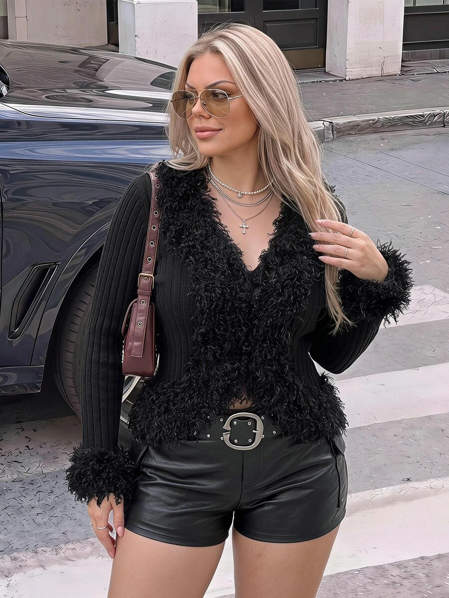 SHEIN ICON Plus Size Y2K Anti Social Smart Casual Retro Fur Collar Patchwork Sexy Knit Long Sleeve Cardigan Jacket Autumn Going Out Party Black - Black - View 1
