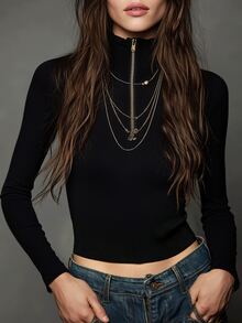 SHEIN Sweater Lengan Panjang Wanita Warna Polos dengan Kerah Tegak dan Potongan Slim Fit, Serbaguna untuk Pemakaian Sehari-hari - Hitam - View 4