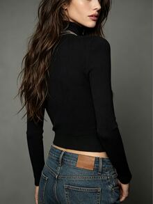 SHEIN Sweater Lengan Panjang Wanita Warna Polos dengan Kerah Tegak dan Potongan Slim Fit, Serbaguna untuk Pemakaian Sehari-hari - Hitam - View 3