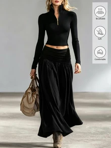 SHEIN Sweater Lengan Panjang Wanita Warna Polos dengan Kerah Tegak dan Potongan Slim Fit, Serbaguna untuk Pemakaian Sehari-hari - Hitam - View 7