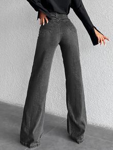 SHEIN Cottnline 100% Cotton High Waist Wide Leg Jeans (Extended Length) - Dark Grey - View 2