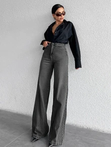 SHEIN Cottnline 100% Cotton High Waist Wide Leg Jeans (Extended Length) - Dark Grey - View 6