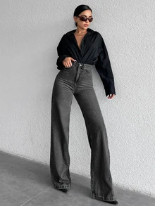 SHEIN Cottnline 100% Cotton High Waist Wide Leg Jeans (Extended Length) - Dark Grey - View 3