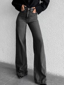 SHEIN Cottnline 100% Cotton High Waist Wide Leg Jeans (Extended Length) - Dark Grey - View 1